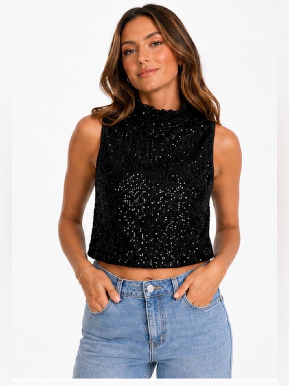 SHEIN Black Sequin Cropped Sleeveless Top Size Large